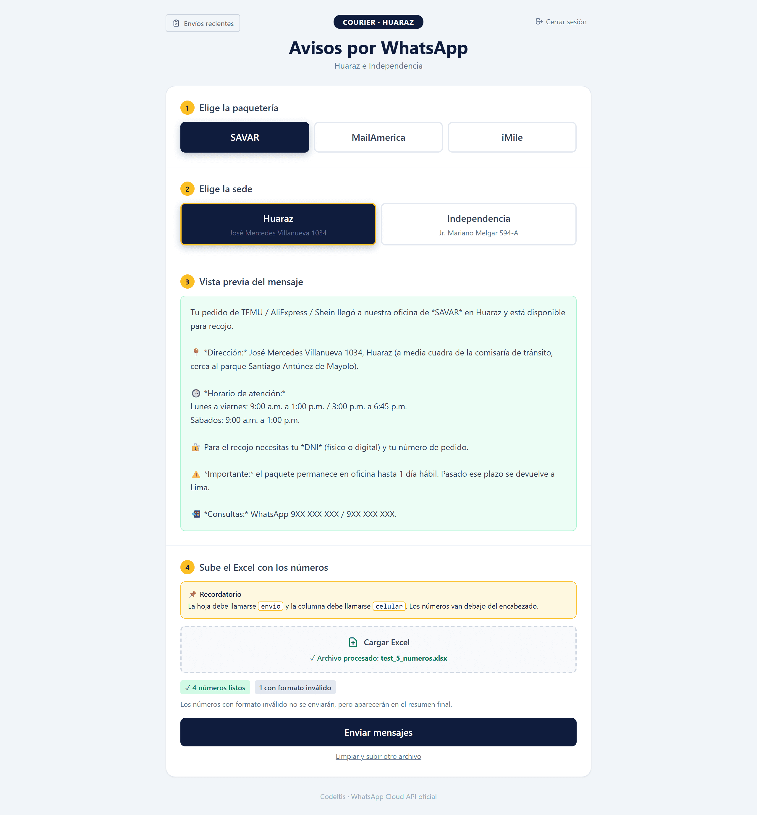 Plataforma de envío masivo: selección de paquetería, sede, vista previa del mensaje y carga de Excel con detección de números