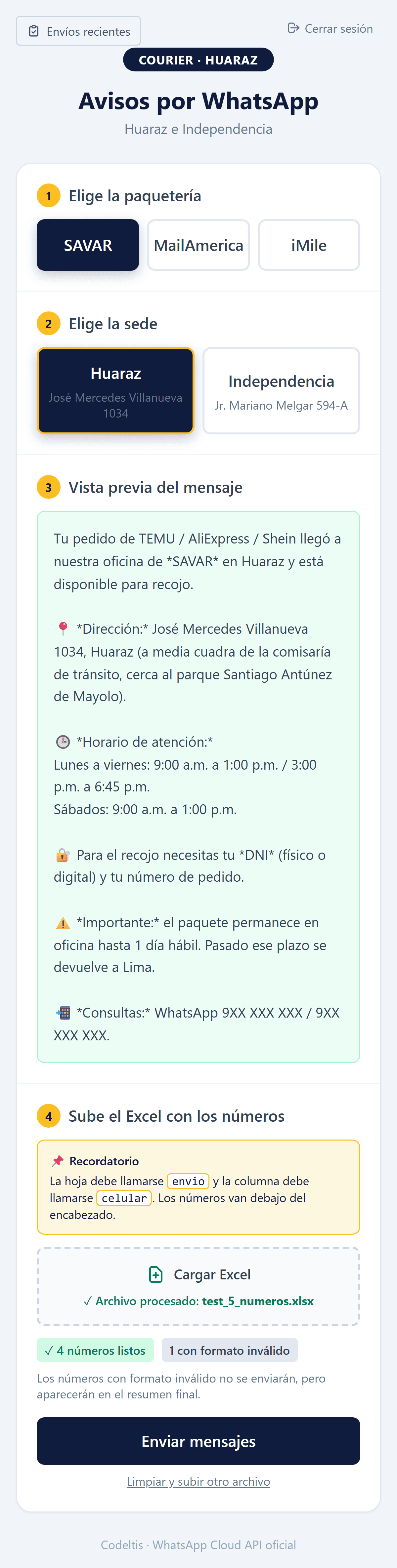Plataforma de envío masivo en vista móvil