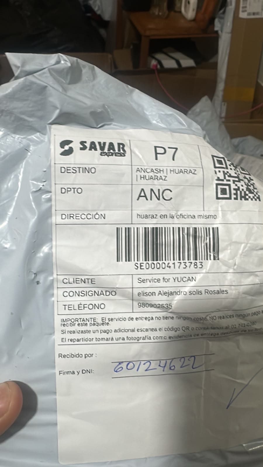 Etiqueta real de SAVAR con QR y datos del cliente